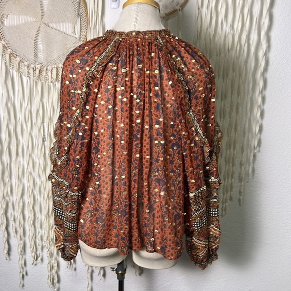 Ulla Johnson Calista Sheer Silk Blouse in Rust Gold and Navy Size 2 - Picture 10 of 14